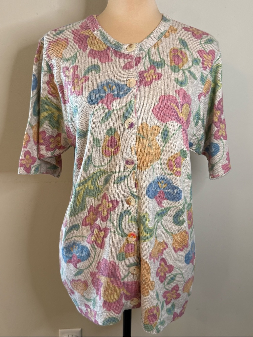 Gabriella T. Floral cardigan linen cotton blend soft pastels SZ SM